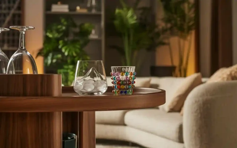 A collection of aesthetic and unique glassware for a home bar, including vintage-style glasses and modern coffee mugs.