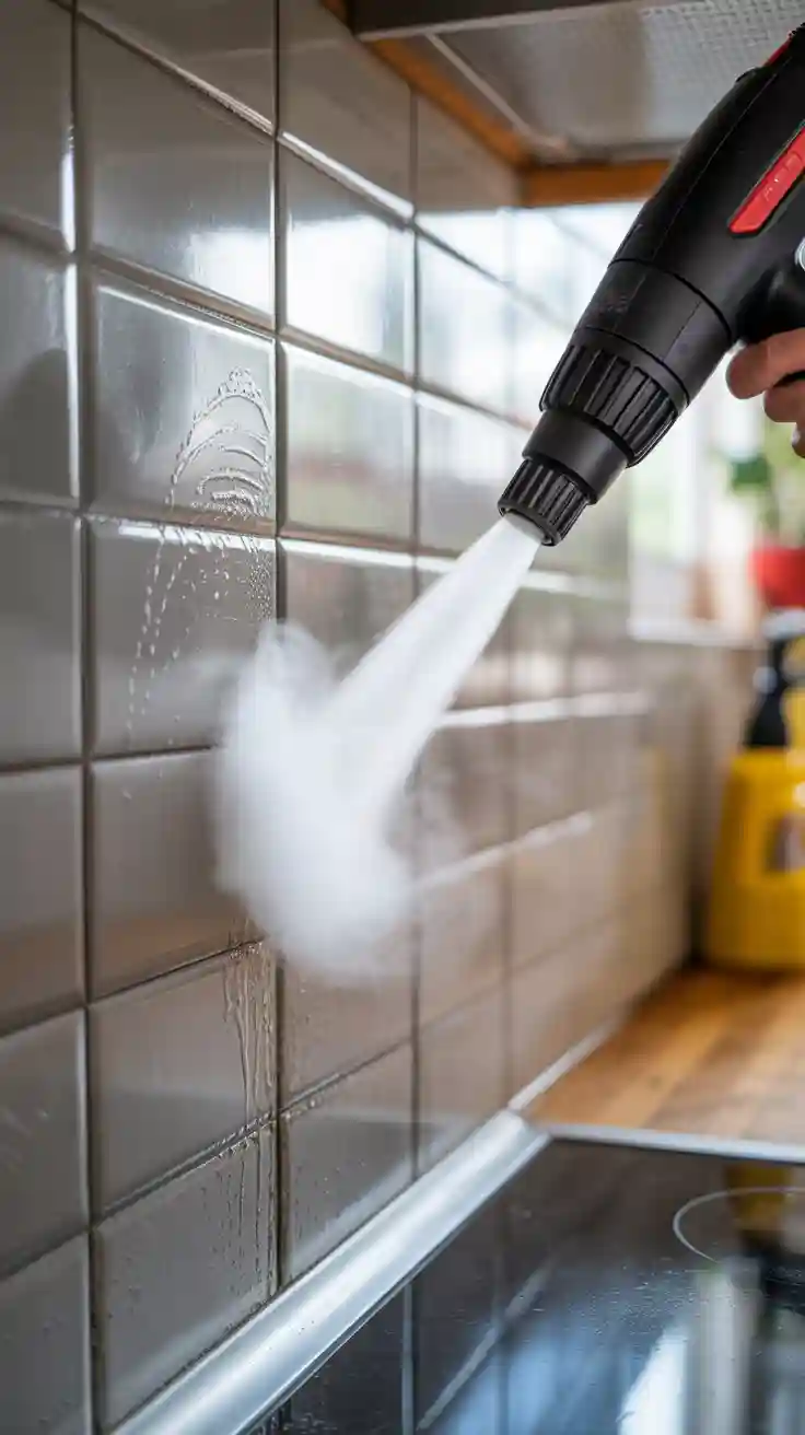 A high-pressure steam cleaner sanitizing a kitchen backsplash, a powerful tool for chemical-free home cleaning.
