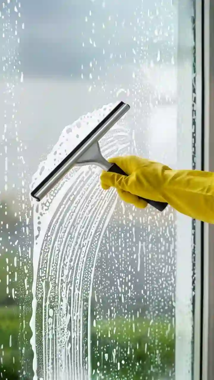 A hand demonstrating the pro technique for streak-free windows by pulling a squeegee down the glass.