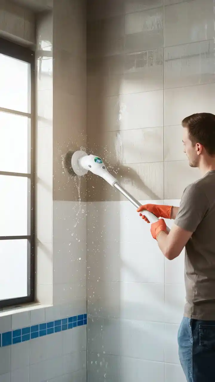 A person using an electric spin scrubber to deep clean shower grout, demonstrating a powerful bathroom cleaning hack.