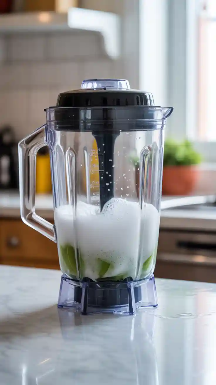 A blender cleaning itself with soapy water, demonstrating a fast and easy kitchen cleaning hack.