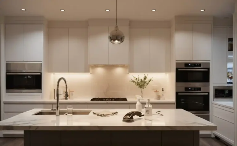 A sparkling clean and organized modern kitchen, showcasing the results of effective home cleaning hacks and