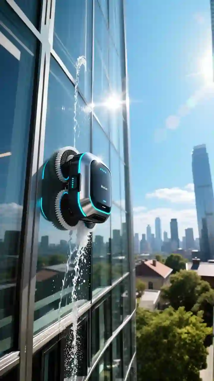 A smart window cleaning robot automatically cleaning a large window, one of the best high-tech cleaning tools.