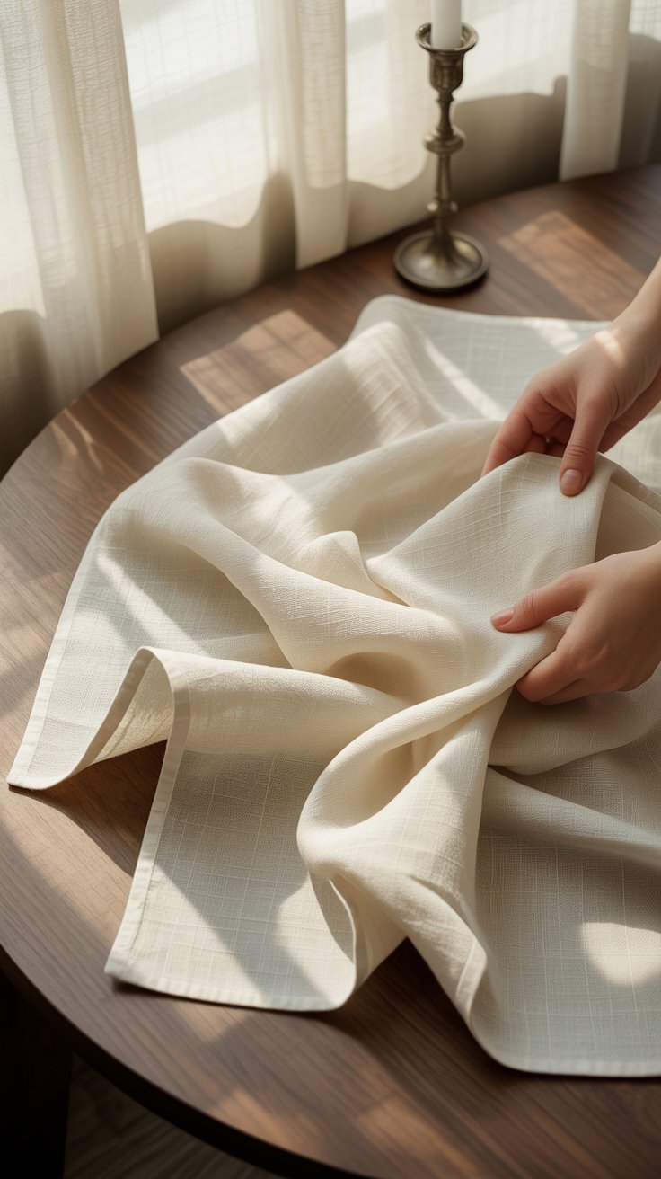 Elegant hands unfurling a luxurious linen tablecloth onto a dark wood dining table, emphasizing texture and refined preparation.