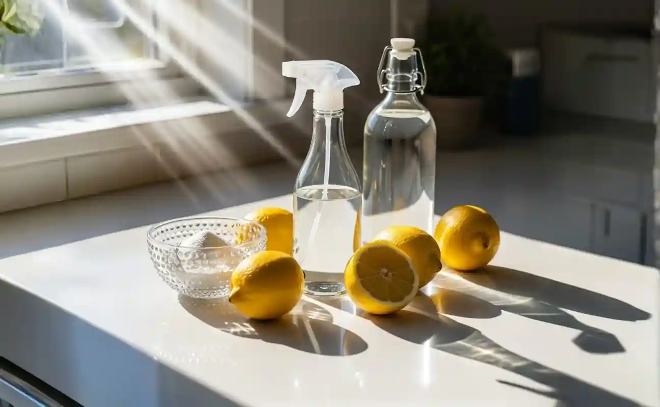 A person making DIY natural cleaning recipes in a bright kitchen, using a glass spray bottle, lemons, and vinegar.