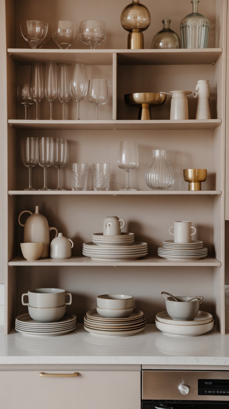 An open shelving unit in a modern kitchen displaying a curated collection of aesthetic glassware and stacked ceramic dinnerware.