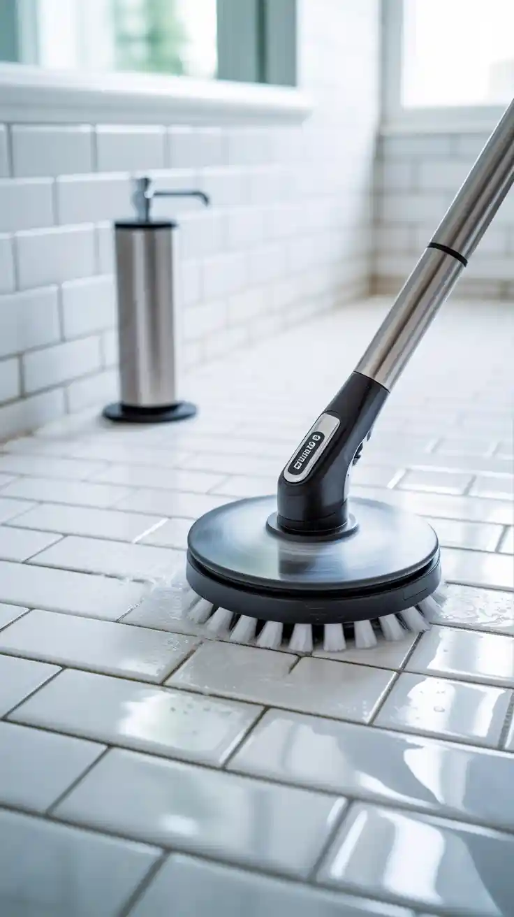 A powerful electric cleaning brush easily scrubbing grout lines on a white tile wall, a must-have cleaning tool.