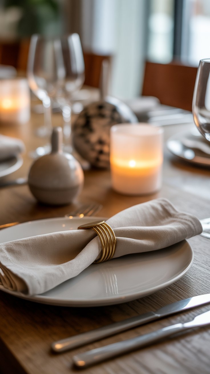 A close-up of elegant dining table finishing touches, including a linen napkin with a gold ring and a glowing candle.