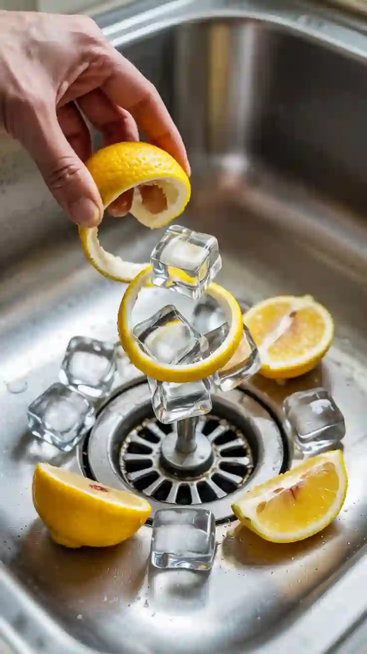 Ice cubes and fresh lemon peels being dropped into a sink, illustrating a natural kitchen cleaning hack for the garbage disposal.