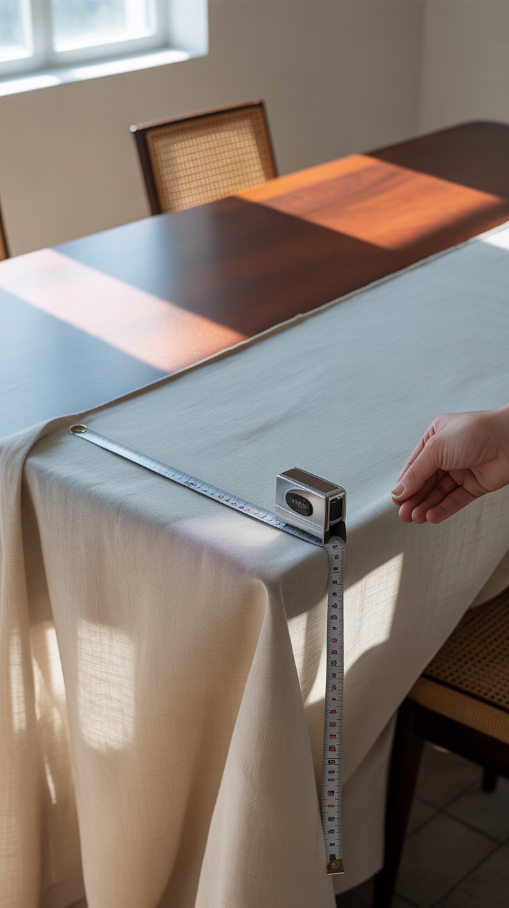 A tape measure checking the perfect drop of a neutral tablecloth on a rectangular dining table in a clean, modern dining room.