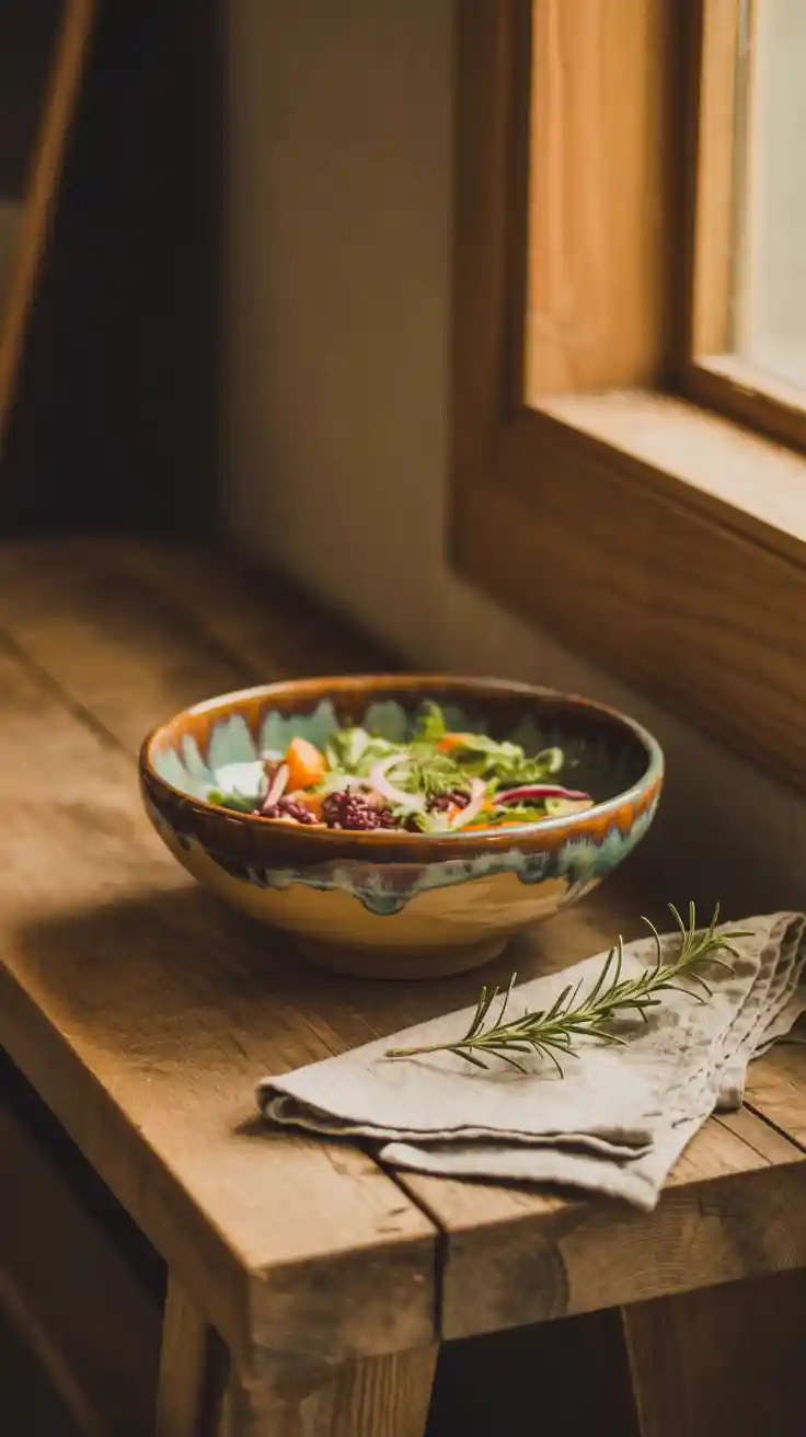 A unique, handcrafted stoneware bowl with an earthy glaze, showcasing a modern bohemian dinnerware style.