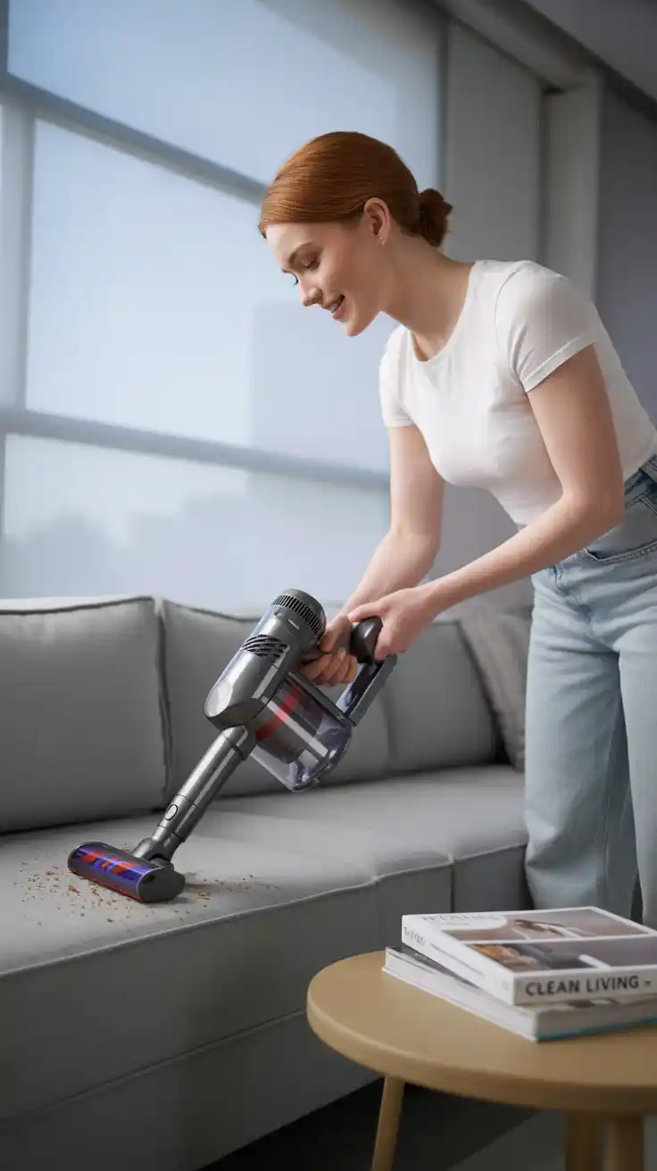 A lightweight cordless handheld vacuum quickly cleaning crumbs off a sofa, an essential tool for home cleaning.