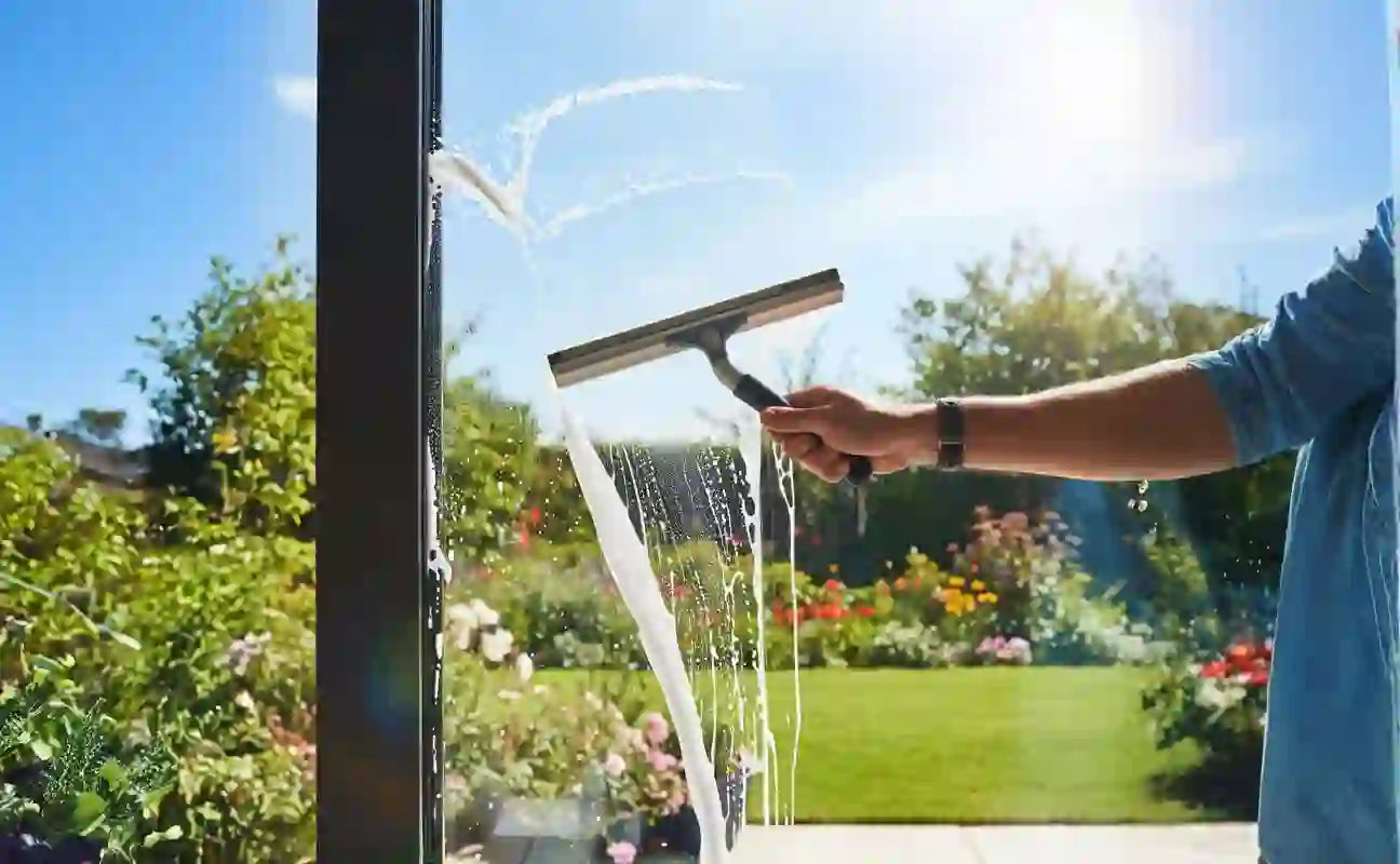 A person cleaning a large window with a squeegee, revealing a clear, Streak-Free Windows view.