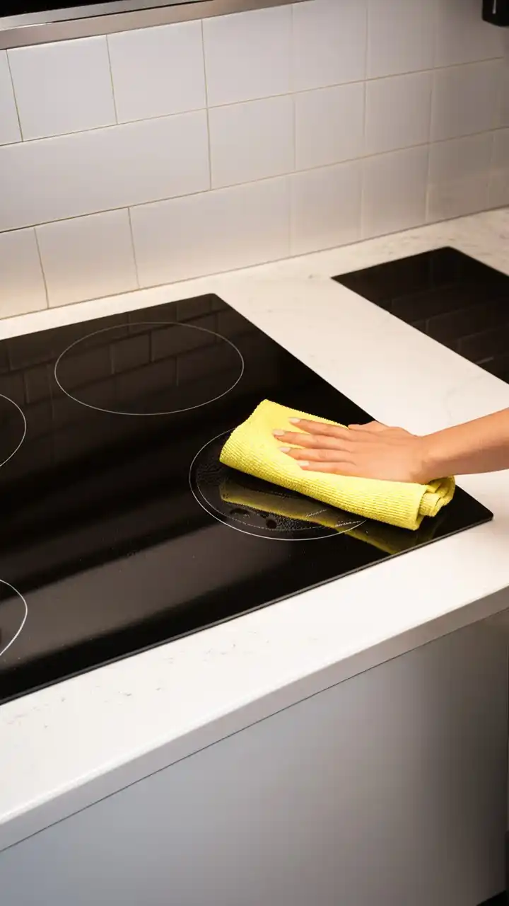 A person using a clever kitchen cleaning hacks to easily wipe away grease from a stovetop, leaving it sparkling clean.
