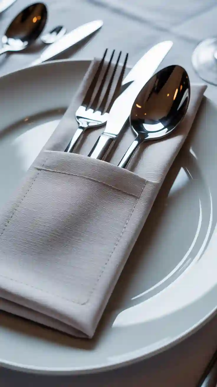 A close-up of a classic pocket napkin fold made from a gray linen napkin, holding a set of modern silver cutlery on a white plate.