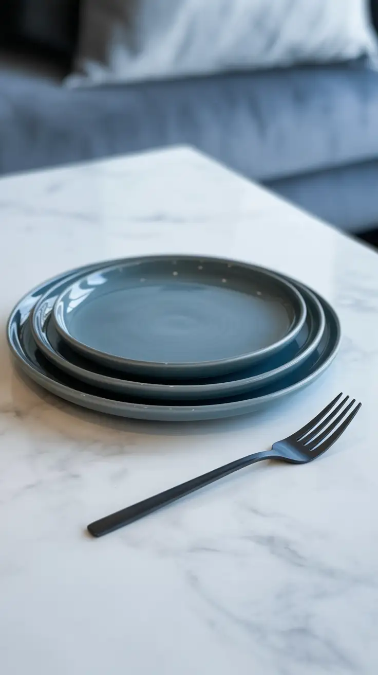 A stack of modern, minimalist ceramic plates in a sleek gray finish, styled for a contemporary dining experience.