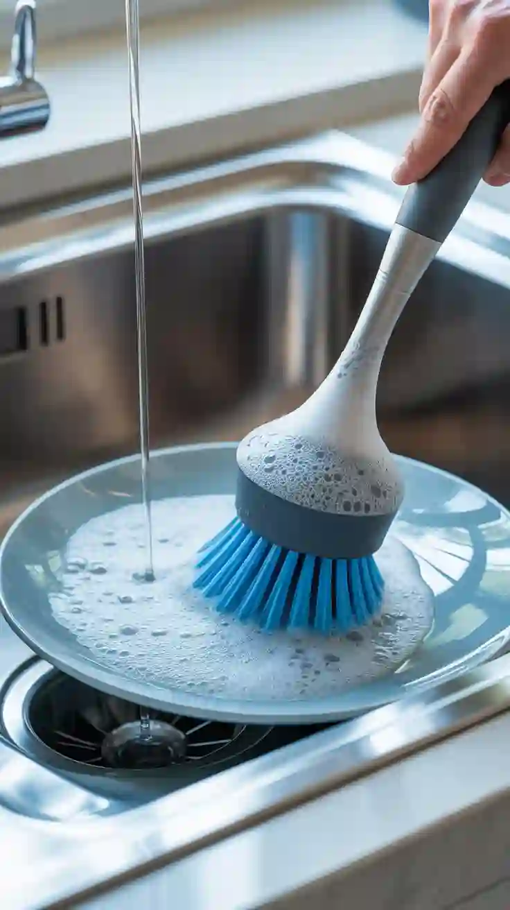 A modern soap-dispensing dishwashing brush easily cleaning a plate, demonstrating a smart kitchen cleaning hack.
