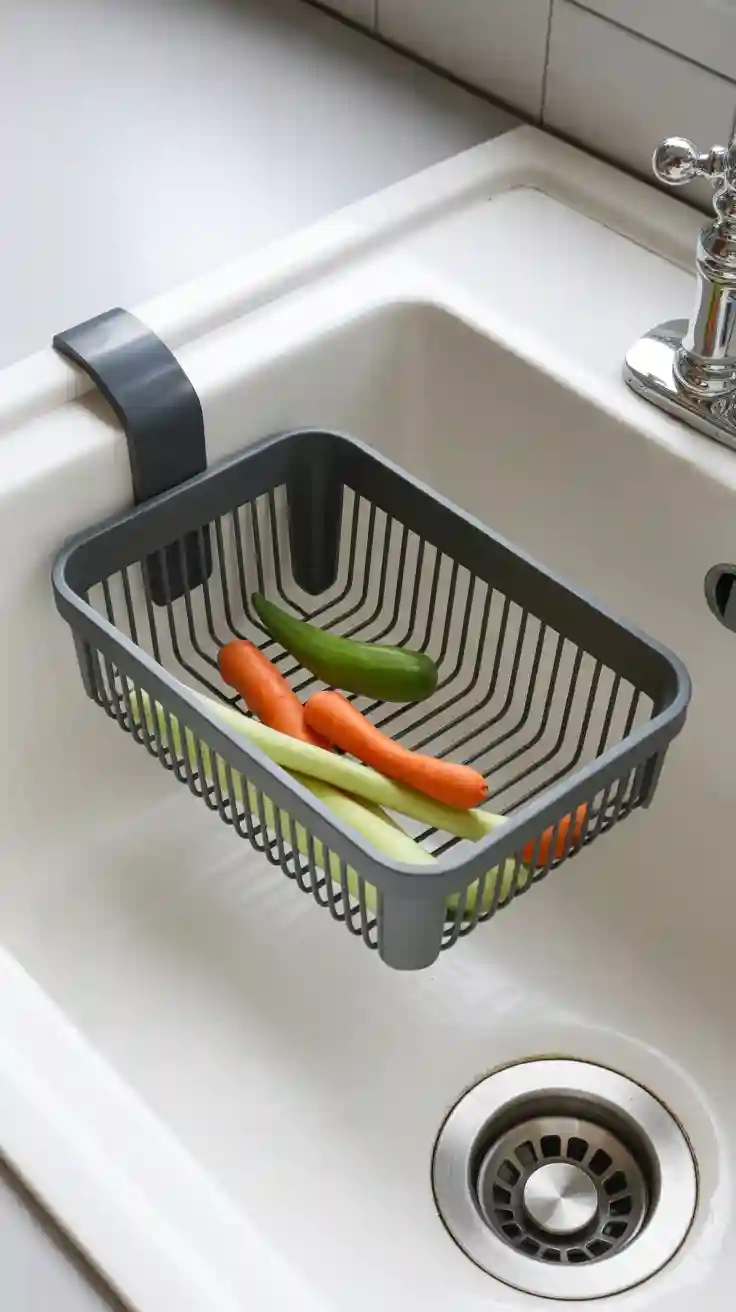 A practical no-drip sink strainer basket neatly attached to a kitchen sink, showcasing a smart kitchen organization idea.