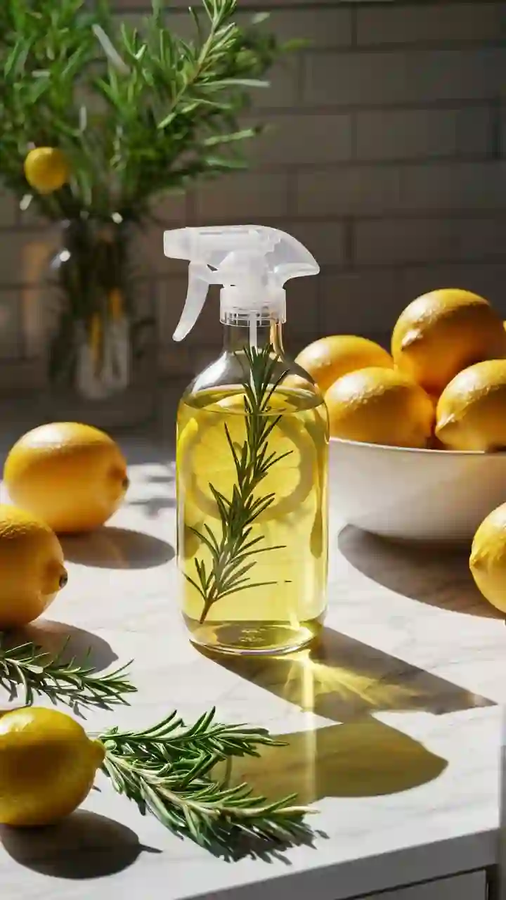 A glass spray bottle with a DIY natural all-purpose cleaner, featuring lemon and rosemary, representing eco-friendly cleaning.