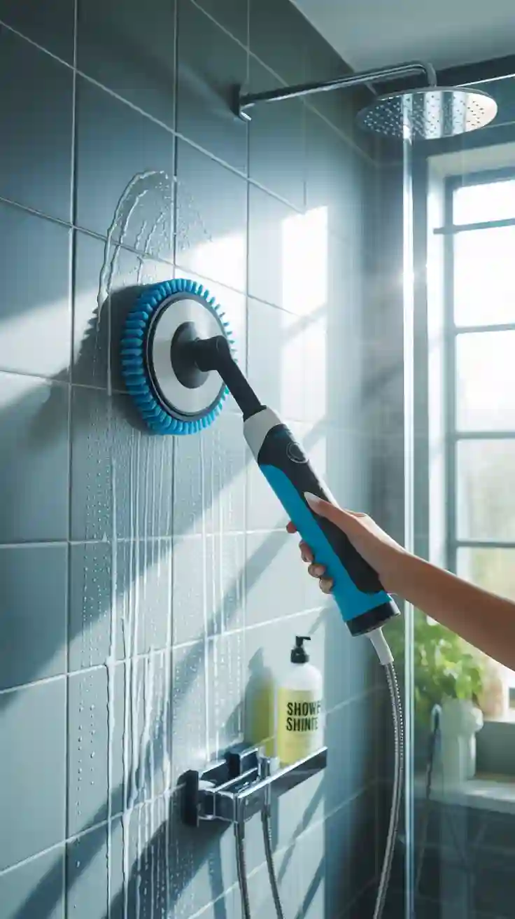 A person using an electric spin scrubber to deep clean a shower, effectively banishing soap scum as part of a bathroom cleaning routine.