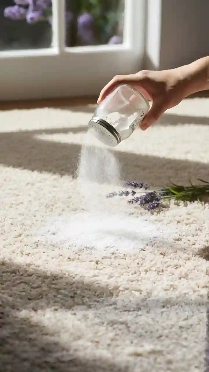 A hand sprinkling DIY natural carpet deodorizer onto a carpet, a simple and effective eco-friendly cleaning hack.