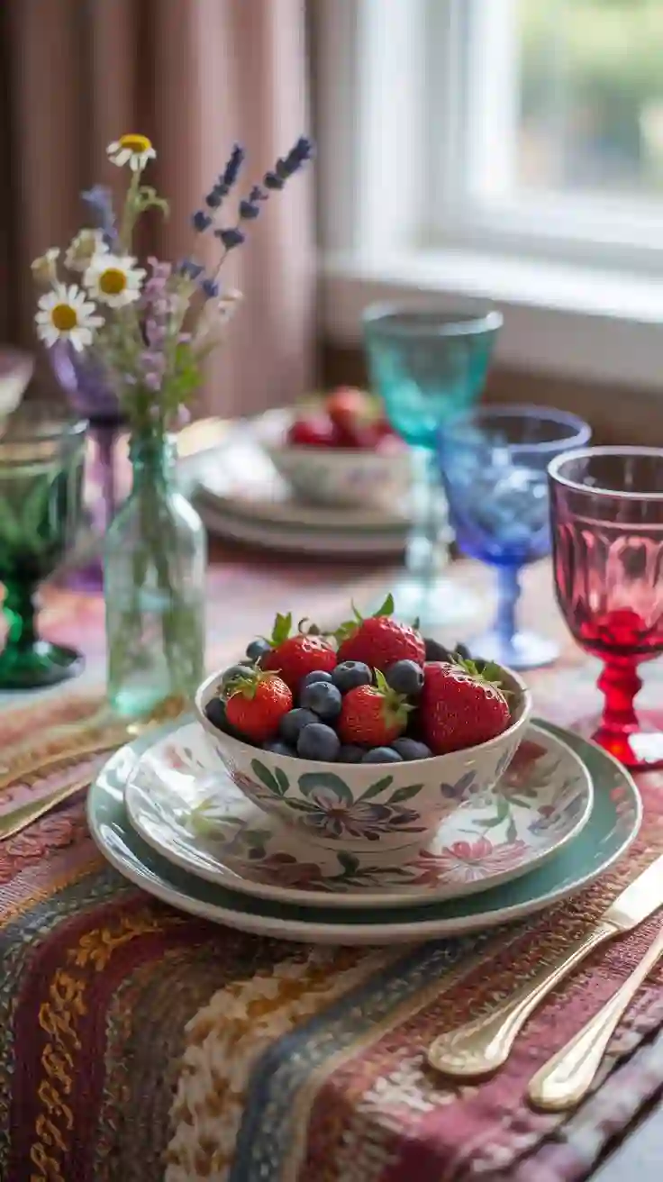 A vibrant and eclectic bohemian table setting featuring colorful, hand-painted dinnerware and a wildflower centerpiece.