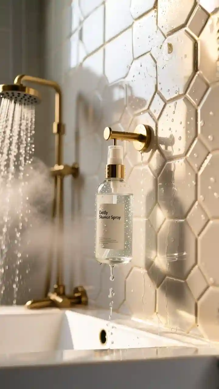 A glass spray bottle of DIY daily shower spray in a clean, modern shower, a simple hack for eco-friendly cleaning.