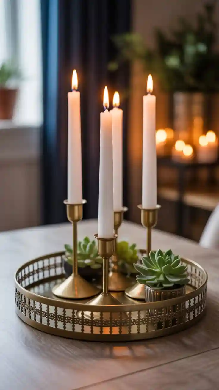 An elegant DIY candle centerpiece on a decorative tray with three glowing candles in brass holders and small succulents.