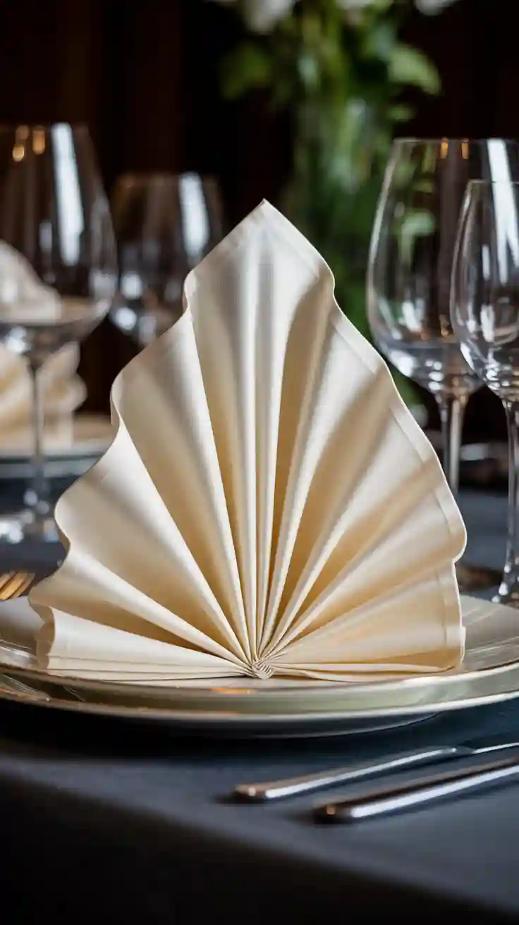 An impressive and elegant fan napkin fold made from a crisp white napkin, standing upright on a formal dinner plate.