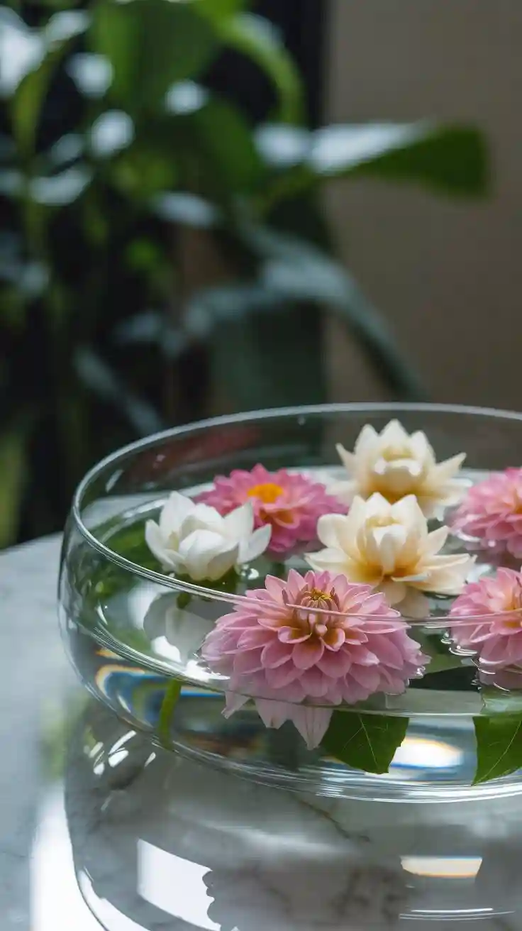A modern and romantic DIY centerpiece with colorful flower heads floating in a shallow glass bowl of water.