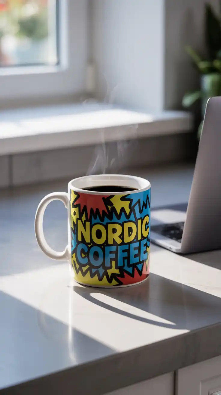 A bold and colorful Nordic Graffiti Ceramic Mug Art with a street-art design, adding a vibrant touch to a modern kitchen.
