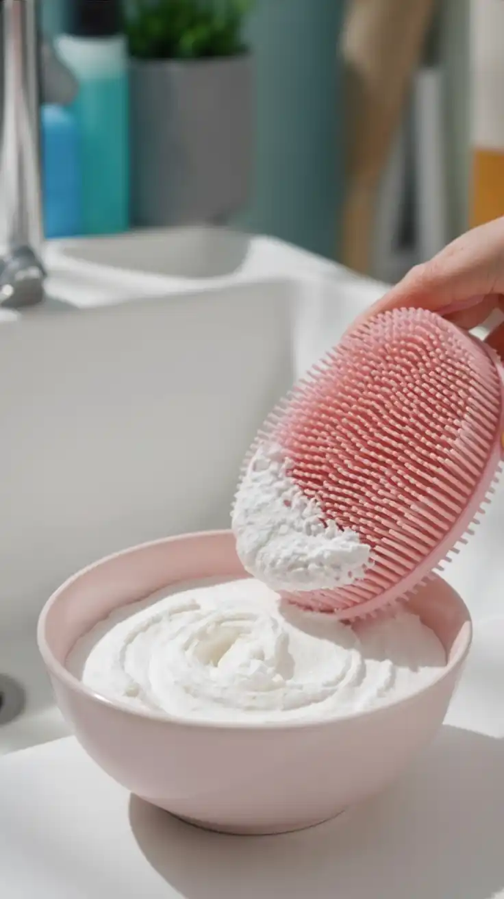 A bowl of DIY grime-busting soft scrub, a powerful natural cleaning recipe for bathrooms.