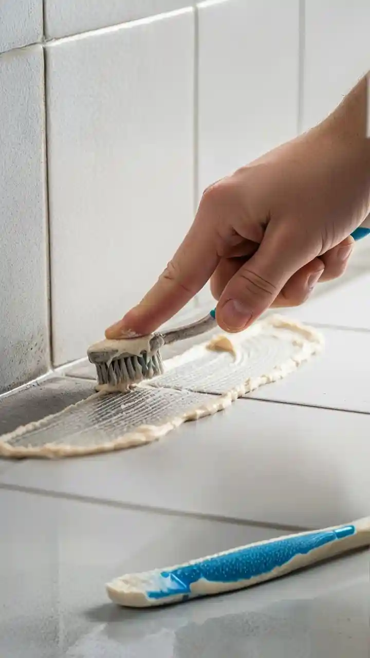 A hand scrubbing grout lines with a DIY heavy-duty grout cleaner, a powerful natural cleaning recipe for tile.