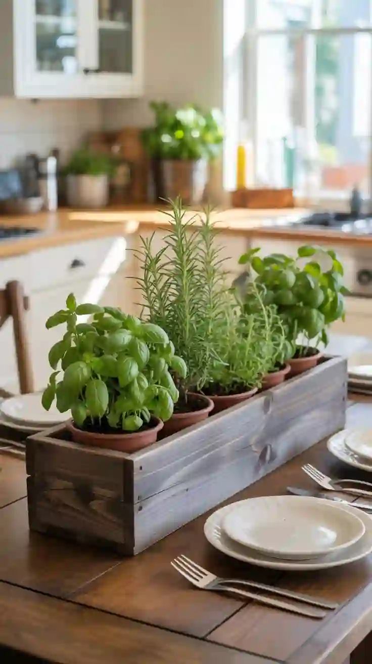 A fresh DIY herb garden centerpiece in a rustic wooden planter box, filled with potted basil and rosemary on a kitchen table.