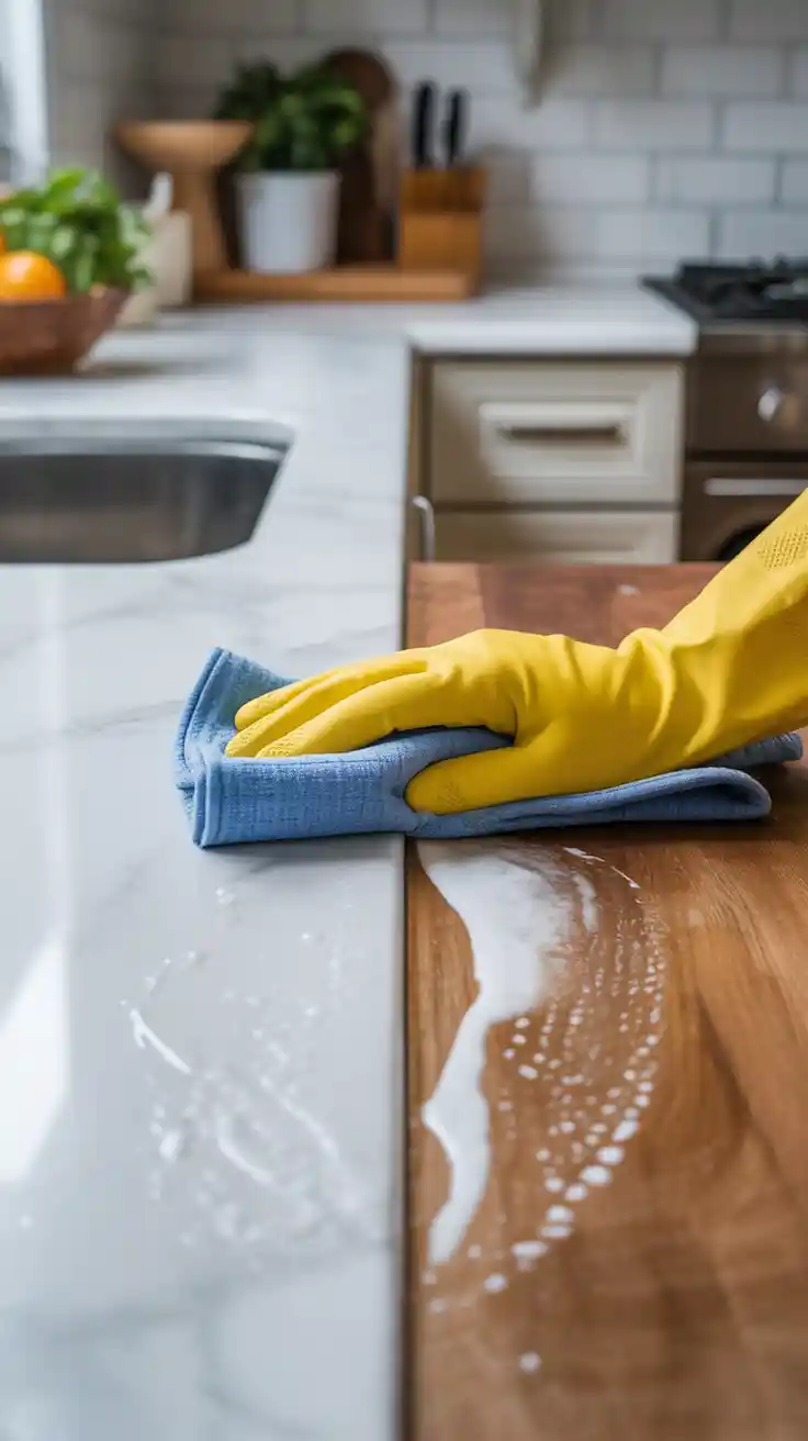 A sparkling clean kitchen counter being wiped down, illustrating a key part of a deep cleaning checklist for the home.