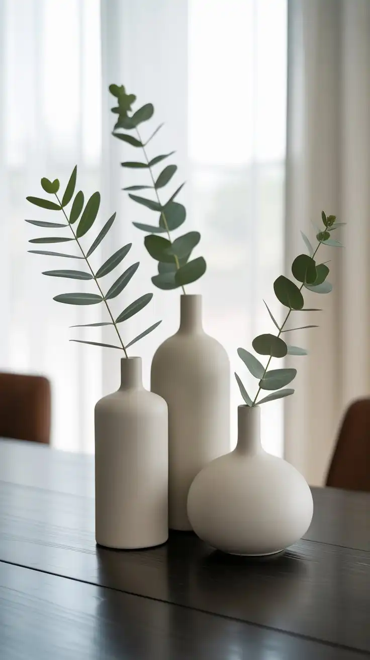 A modern minimalist DIY centerpiece featuring a cluster of three white ceramic vases with eucalyptus stems on a dark wood table.