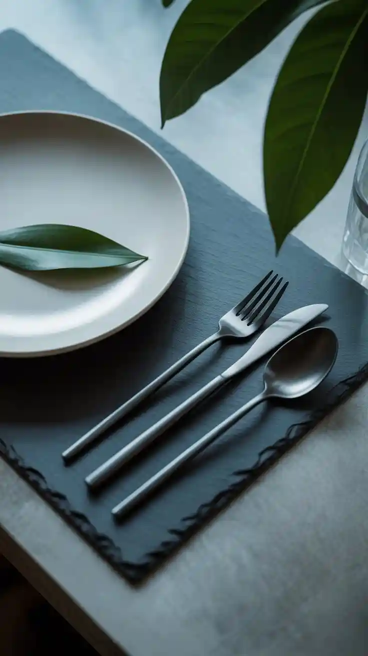 A modern minimalist table setting featuring a matte white plate, black cutlery, and a single green leaf for a sophisticated dinner party.