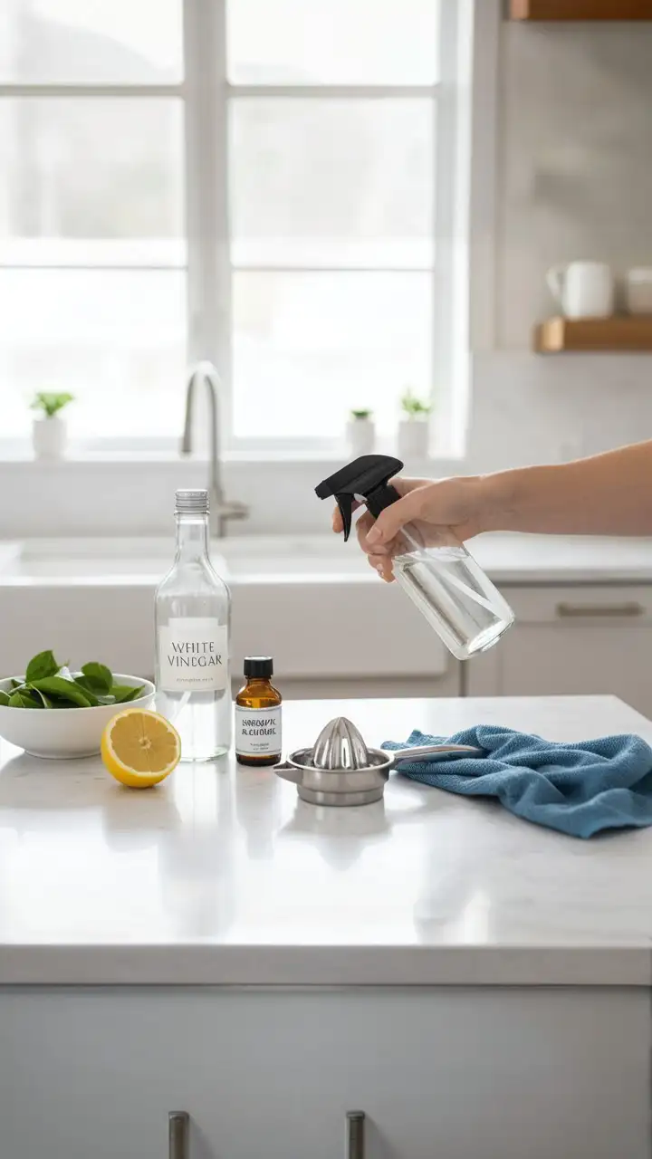Ingredients for a perfect DIY window cleaning solution, including vinegar and lemon, arranged on a clean counter.