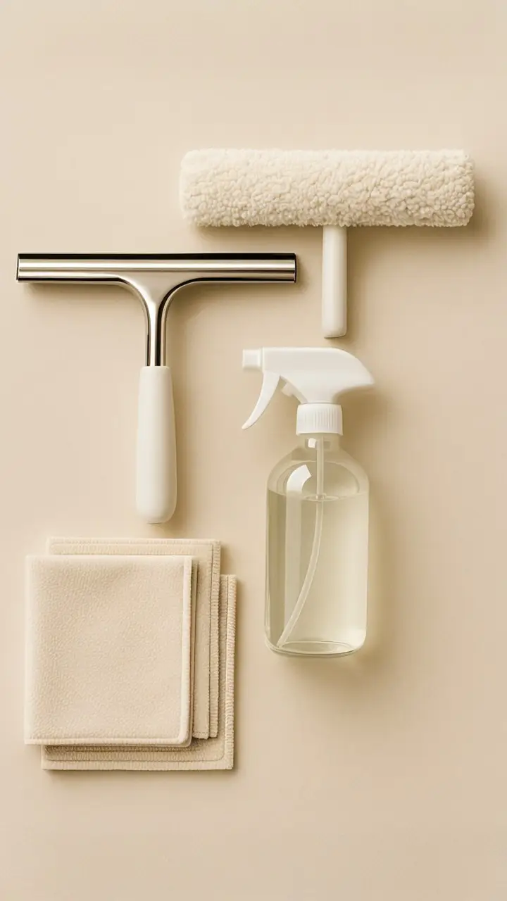 The right tools for getting streak-free windows, including a professional squeegee and microfiber cloths.