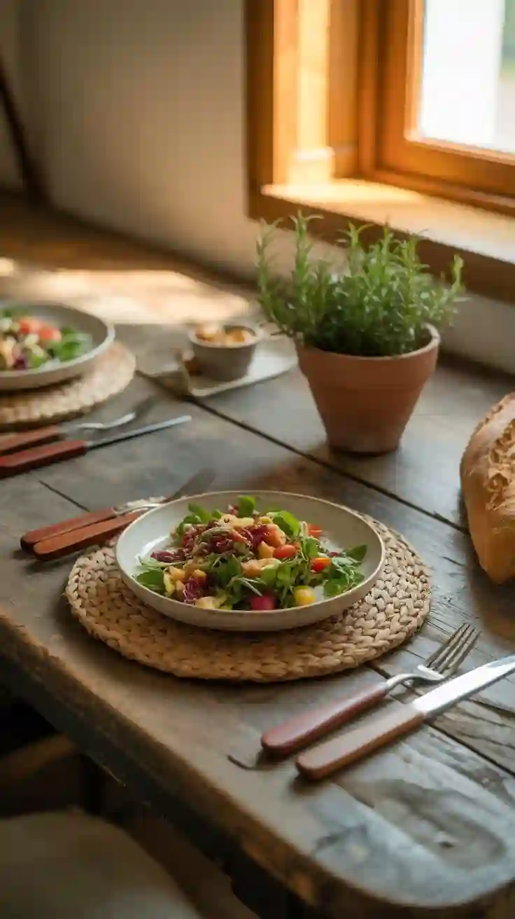 A warm and inviting rustic farmhouse table setting with stoneware plates, wood-handled cutlery, and fresh herbs.