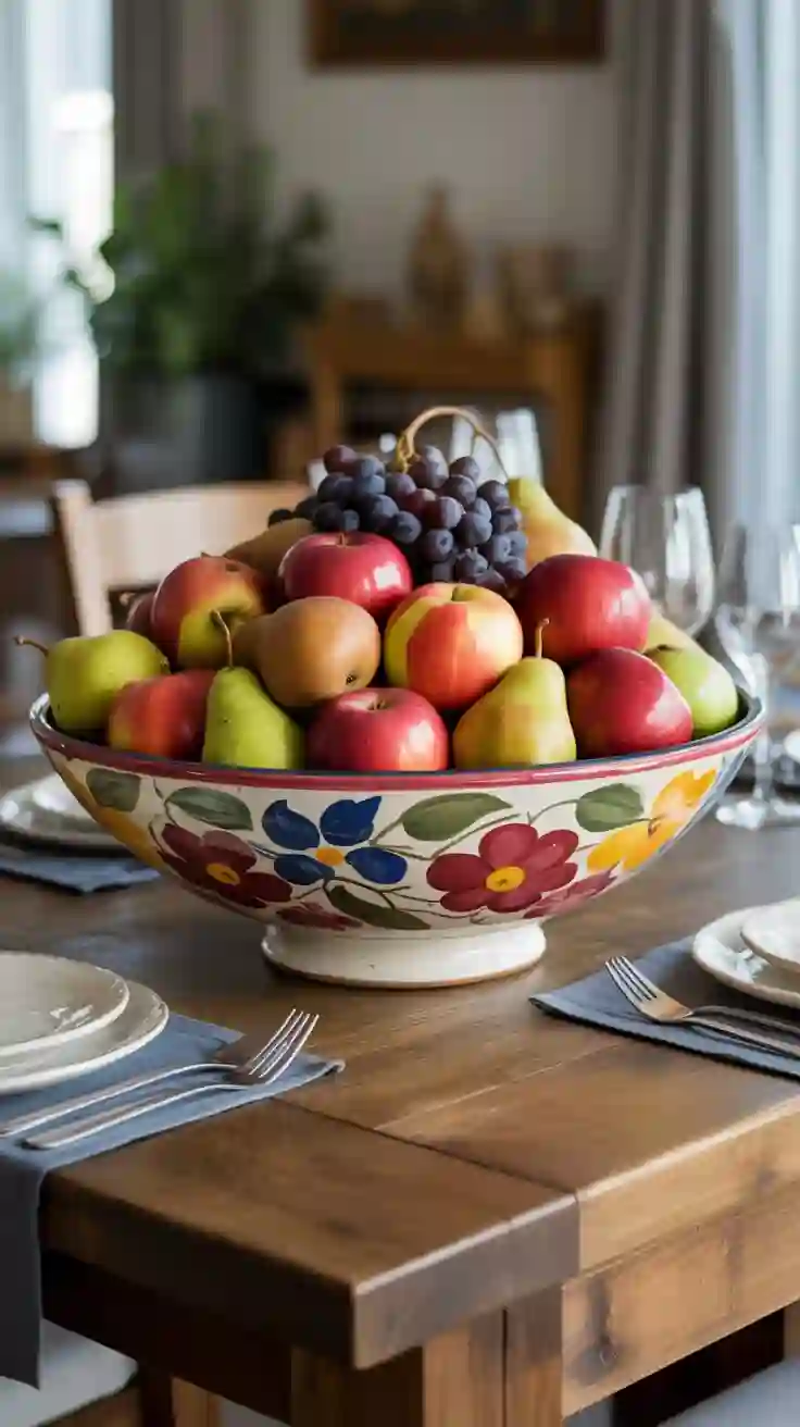 A rustic DIY fruit bowl centerpiece featuring a hand-painted ceramic bowl filled with colorful seasonal fruits on a wood table.