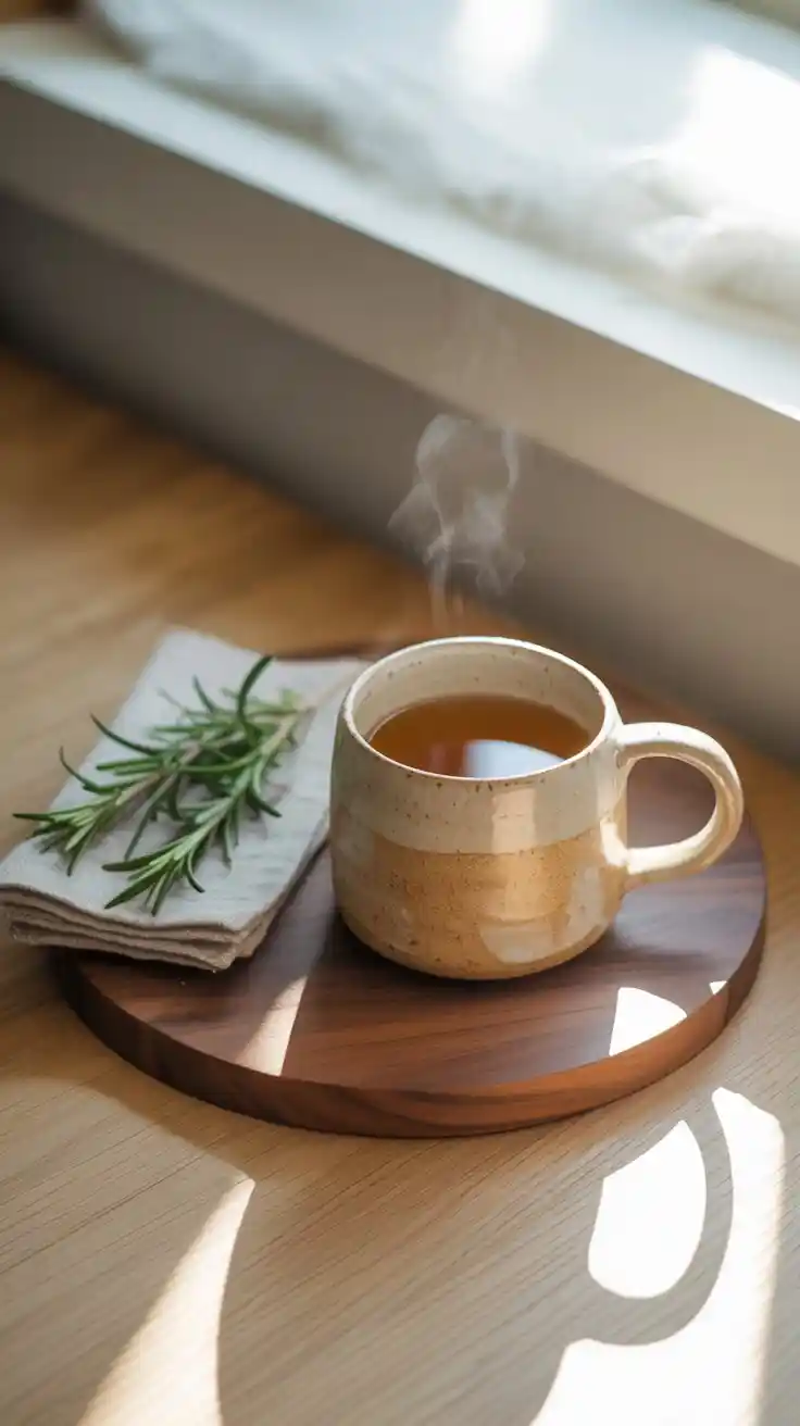 A Scandi-rustic table setting featuring a textured stoneware mug on a walnut wood coaster, emphasizing natural materials.