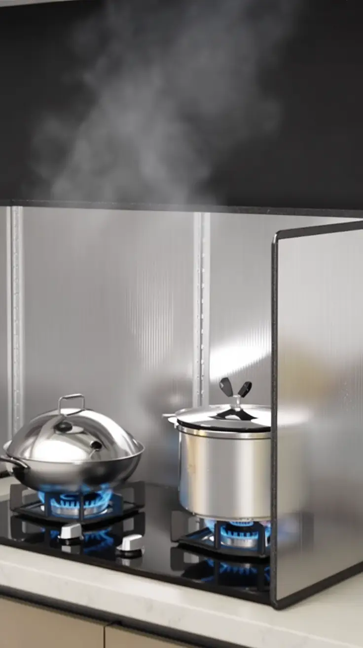 A stainless steel oil splatter guard over a frying pan, a useful kitchen gadget to prevent messes.