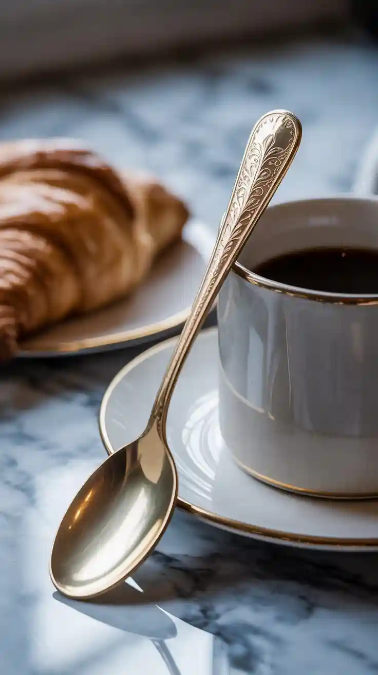 An elegant vintage gold and ceramic Spoon Set resting next to a coffee mug, representing a luxurious accessory for drinkware.