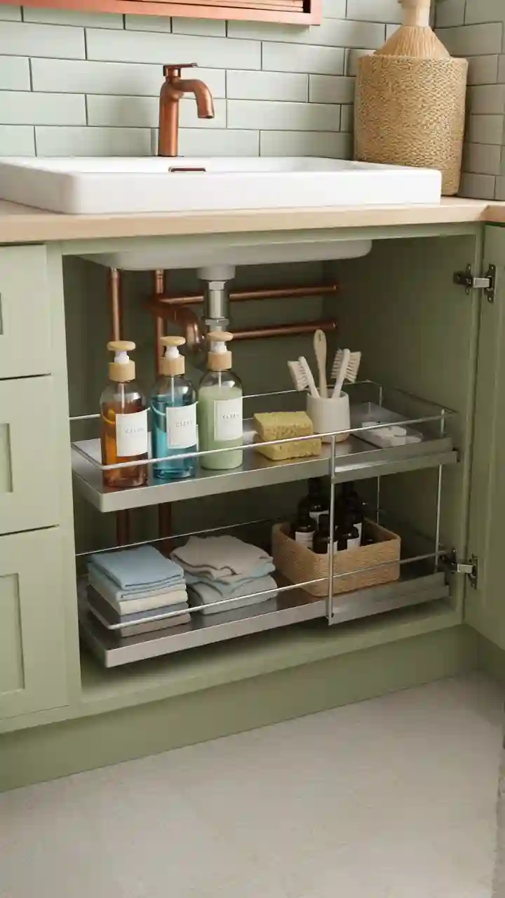 A two-tier sliding organizer taming the chaos under a kitchen sink, a key tool for cleaning supplies organization.