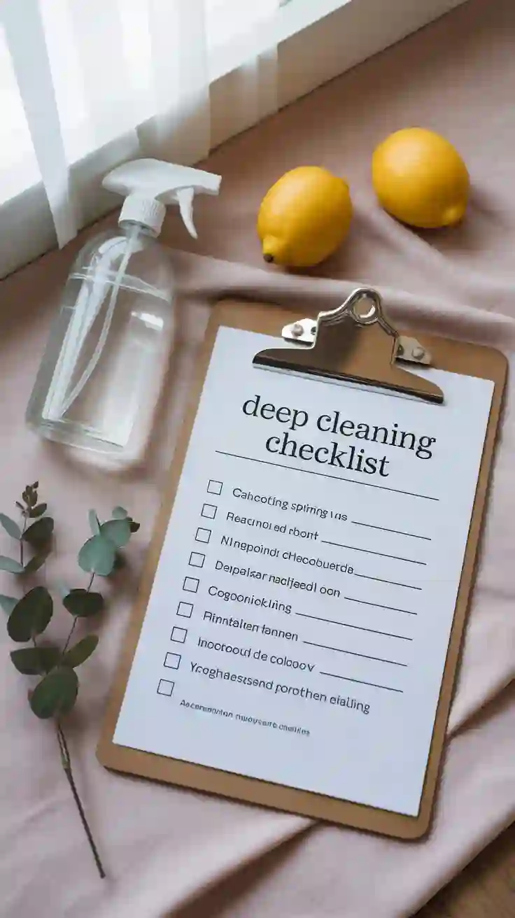 A free printable deep cleaning checklist on a clipboard, styled neatly with aesthetic cleaning supplies.