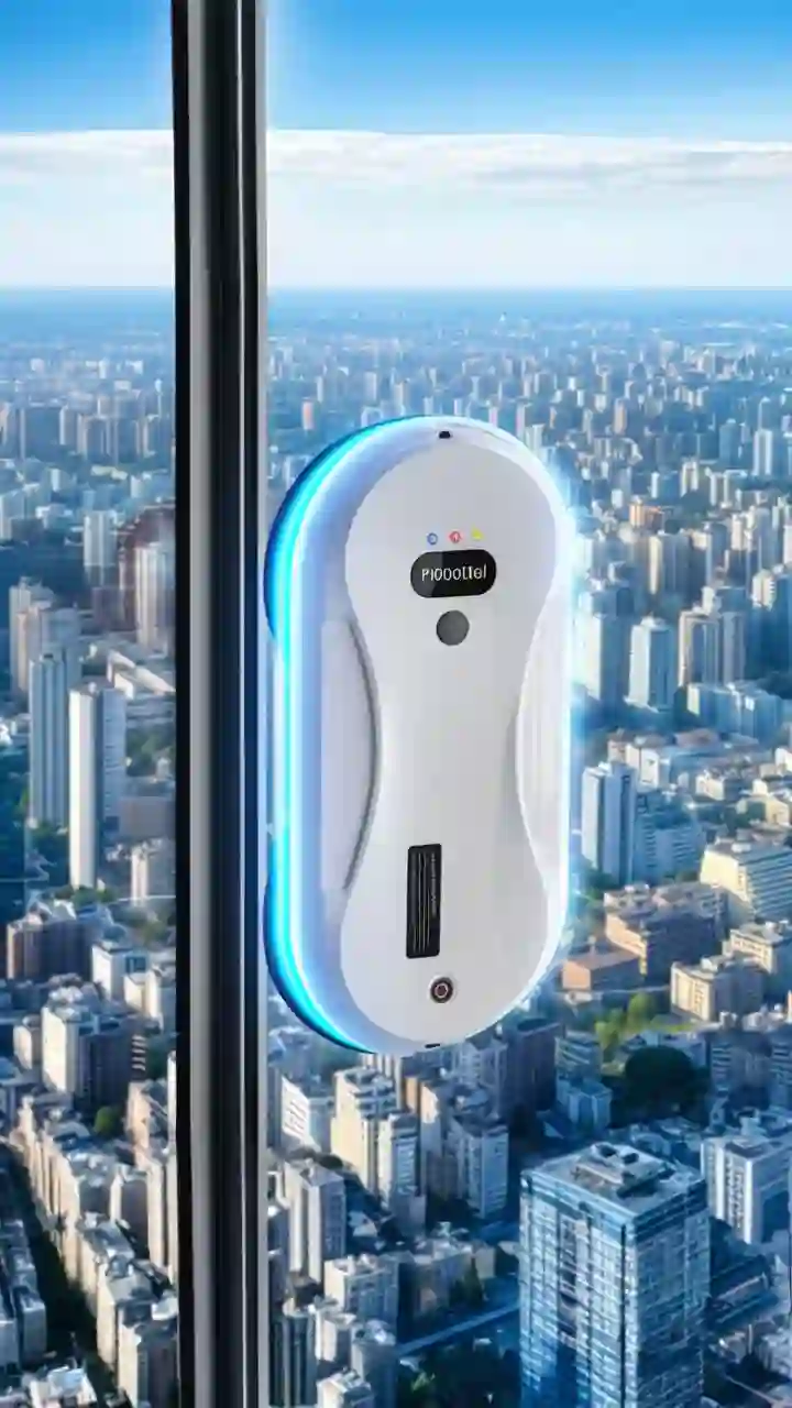 A smart automatic window cleaning robot effortlessly cleaning a large window, a high-tech tool for home cleaning.