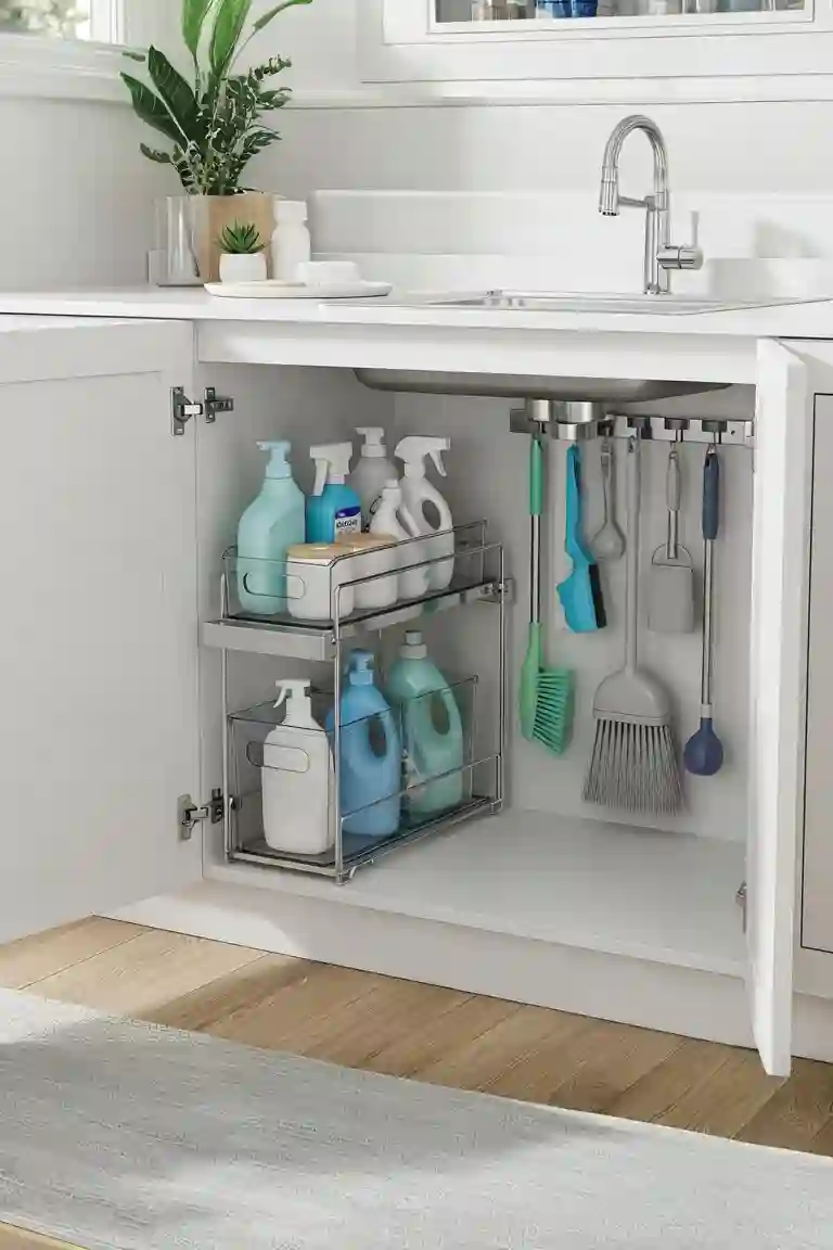 A perfectly organized under-sink cabinet showcasing smart ideas for organizing cleaning supplies, including a sliding organizer and wall-mounted rack.