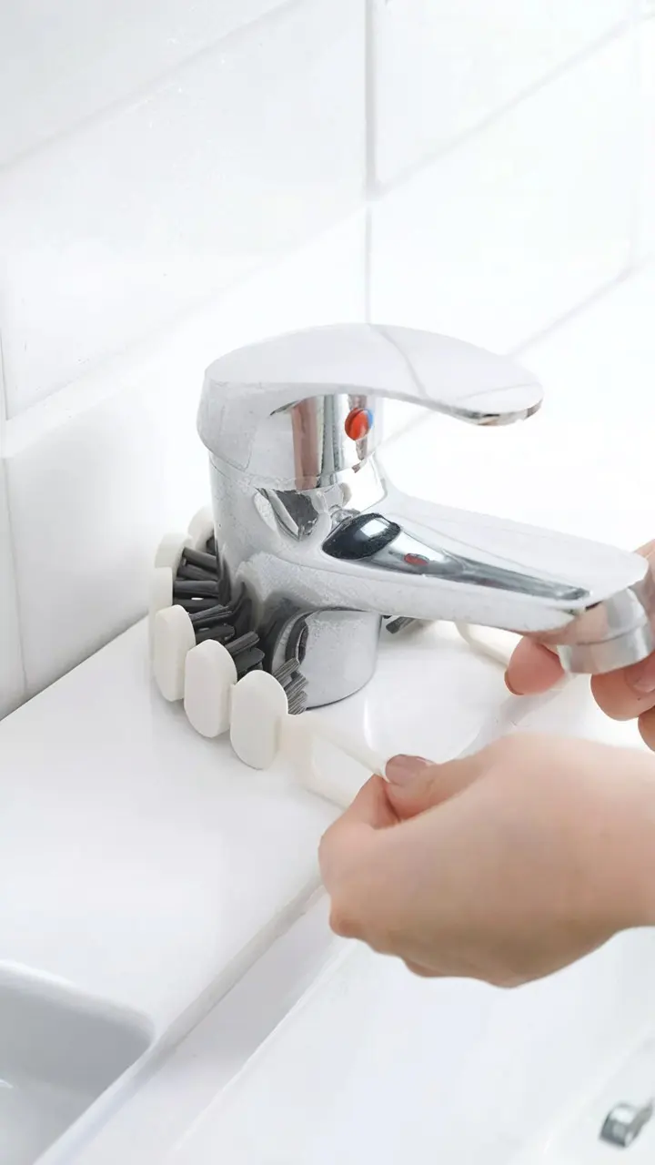 A bendable crevice brush cleaning a tight space behind a faucet, a genius cleaning tool for hard-to-reach areas.