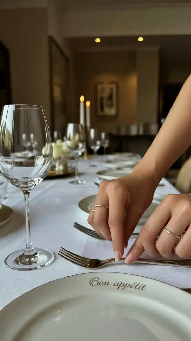 A person's hands carefully placing cutlery on an elegant dinner party table, showing the final step in preparation.